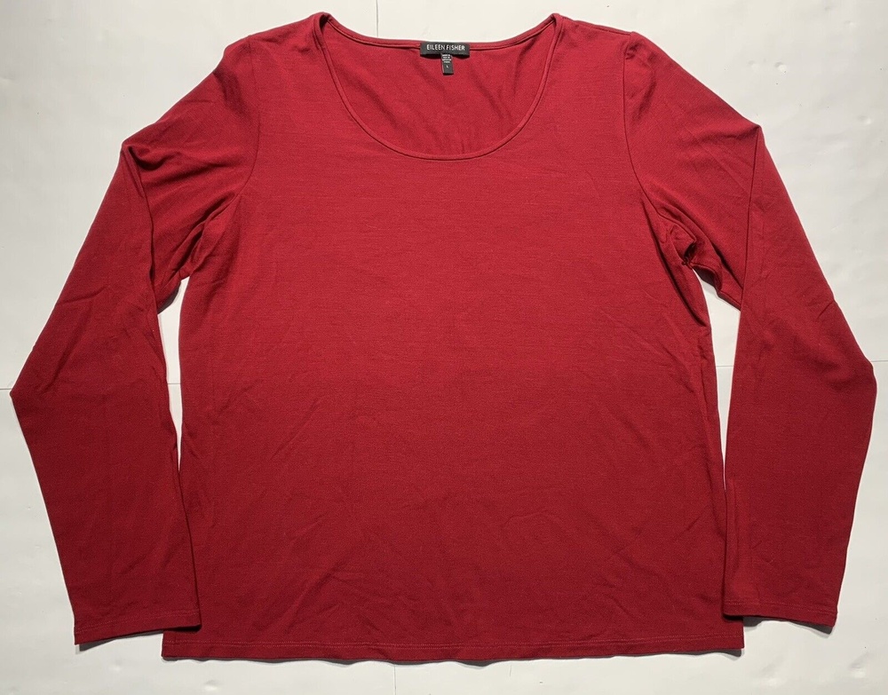 Eileen Fisher Top Large Red Rayon Stretch Pullover Knit Scoop Neck Long Sleeve